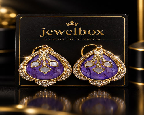 Purple Teardrop Statement Earrings – Gold Tone