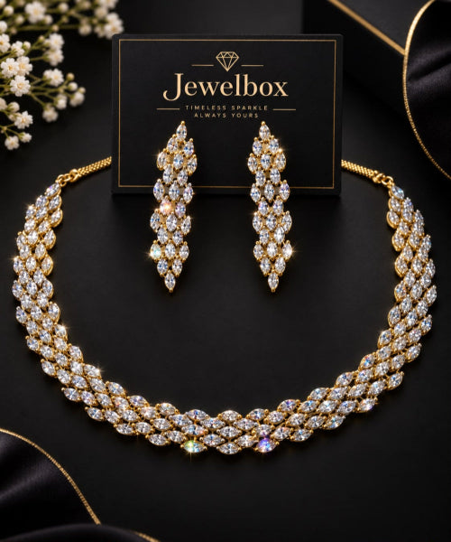 arkling Crystal Necklace & Drop Earrings Set – Gold Tone