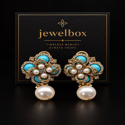 Turquoise Blue & Pearl Statement Drop Earrings