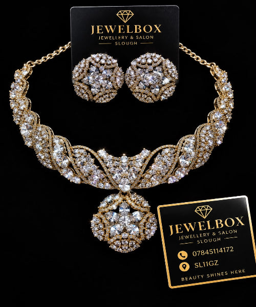 Luxury Crystal Statement Necklace & Earrings Set – Gold Tone