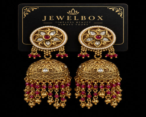 Traditional Gold-Tone Jhumka Earrings with Beads