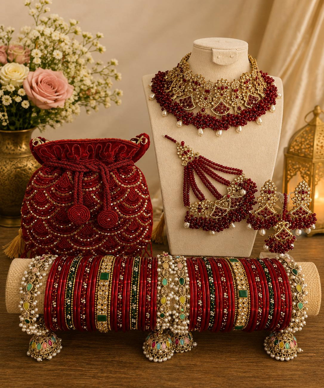 Luxury bridal jewellery set with red bridal chura and potli bag