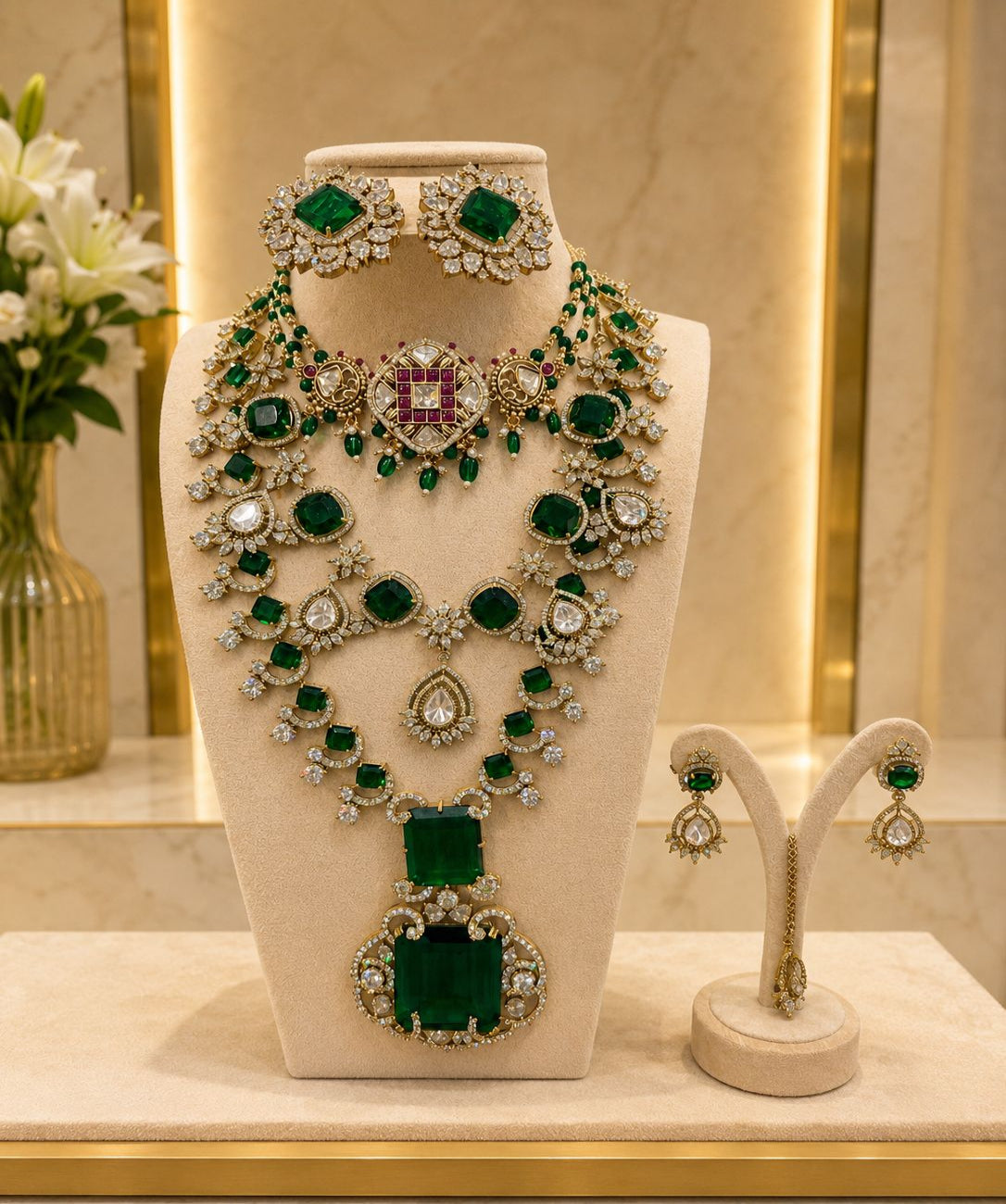 Luxury Emerald Green CZ bridal jewellery set with matching earrings, premium green stones, sparkling cubic zirconia, and elegant gold finish for weddings and special occasions.