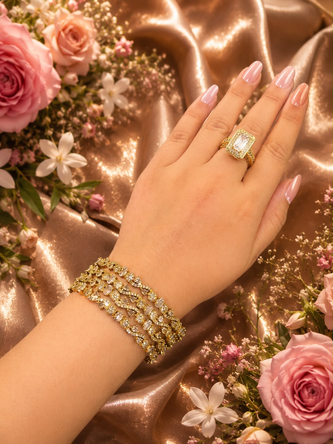 Luxury CZ Bracelet & Emerald-Cut Statement Ring Set