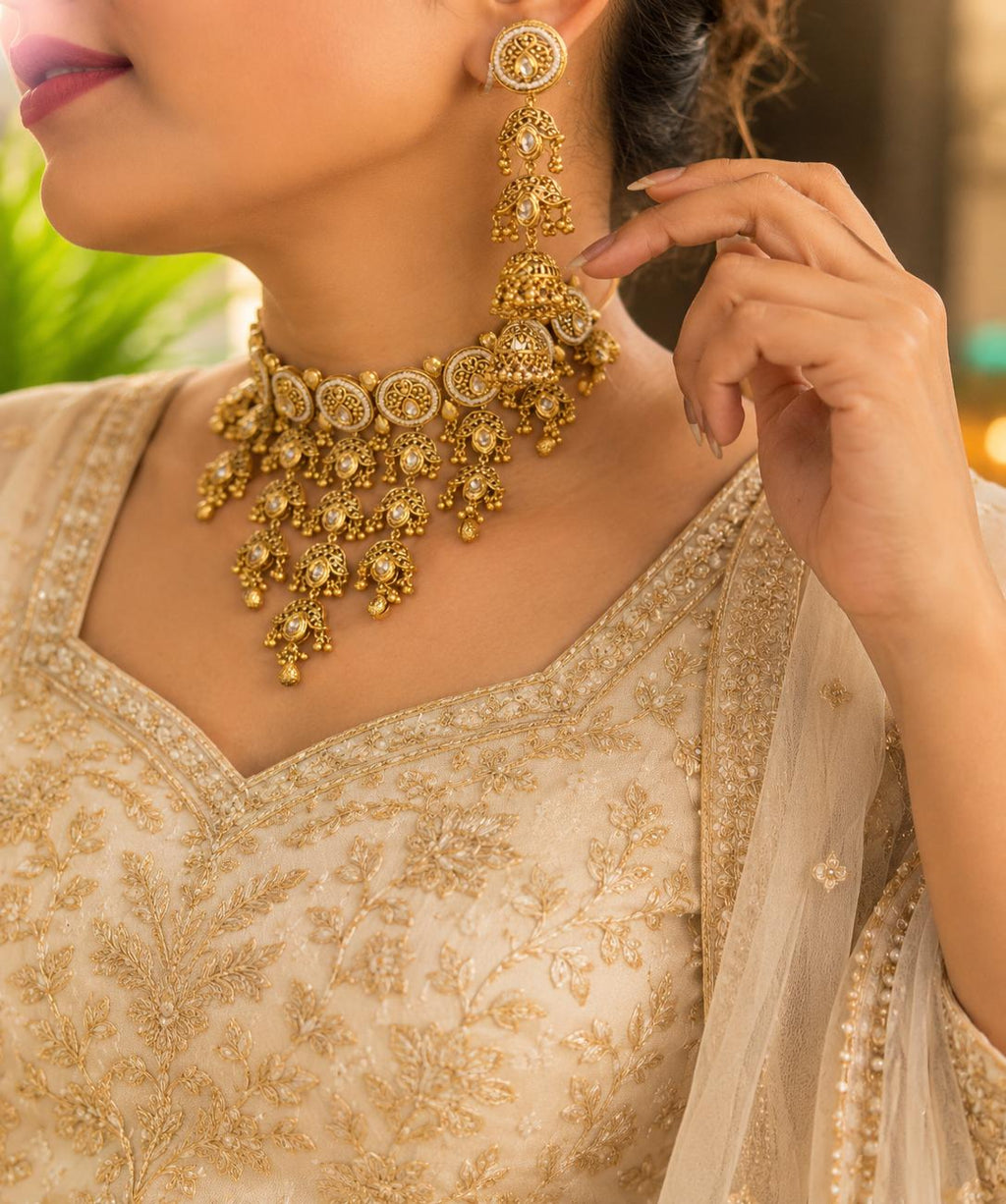 Traditional Gold Bridal Jewellery Set with Choker, Long Necklace & Chandbali Earrings