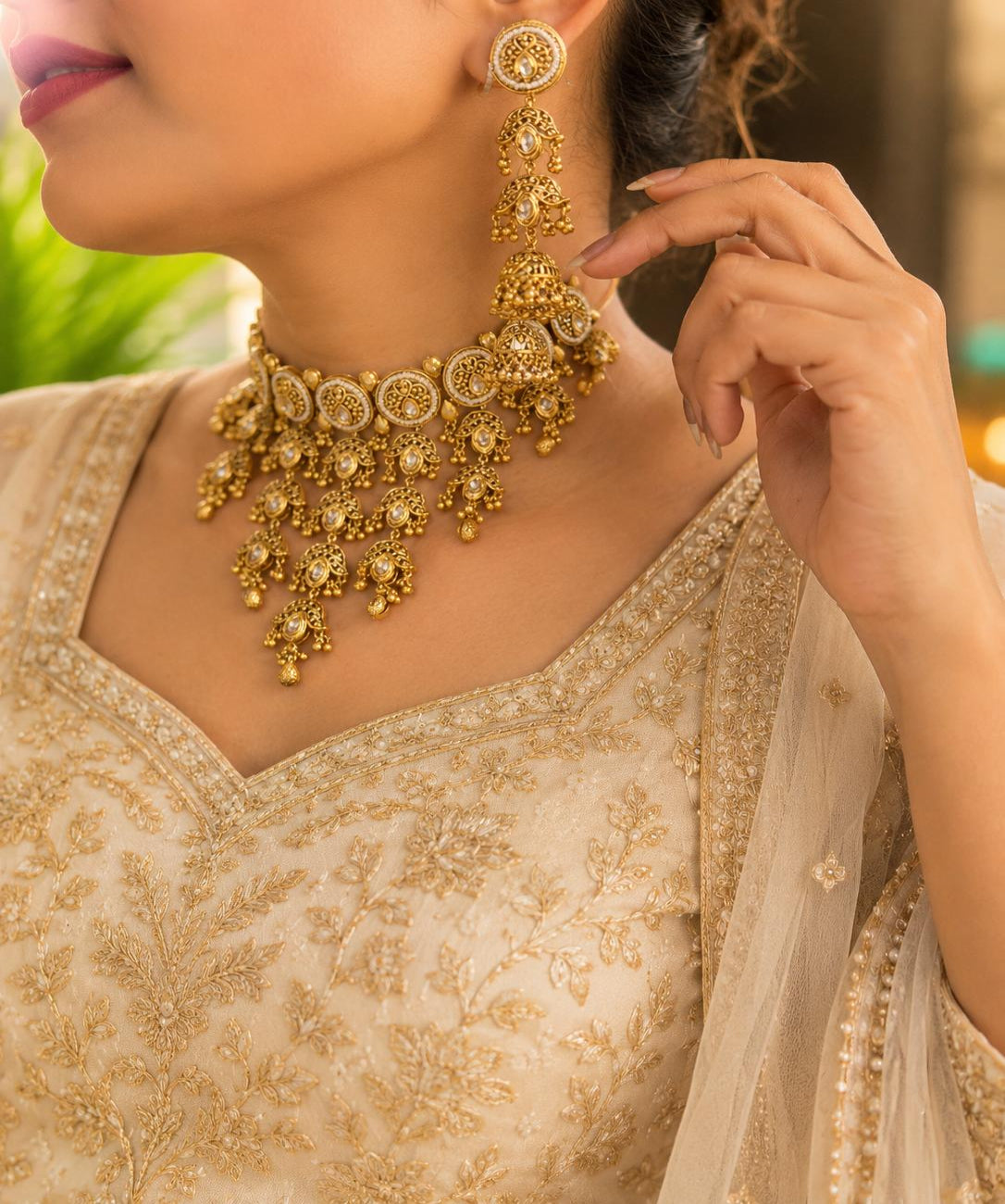 Traditional Gold Bridal Jewellery Set with Choker, Long Necklace & Chandbali Earrings