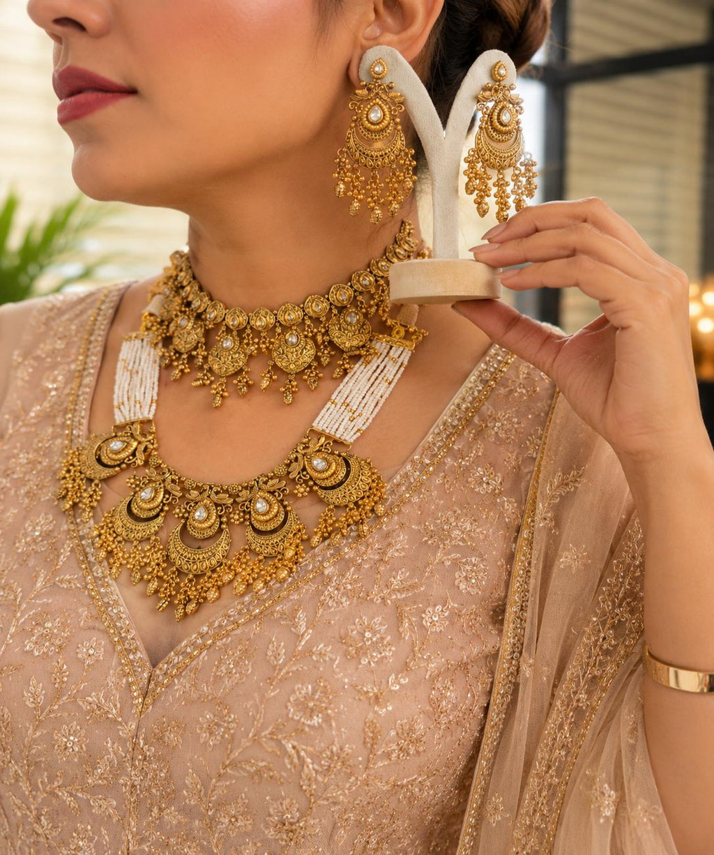 Traditional Gold Bridal Jewellery Set with Choker, Long Necklace & Chandbali Earrings