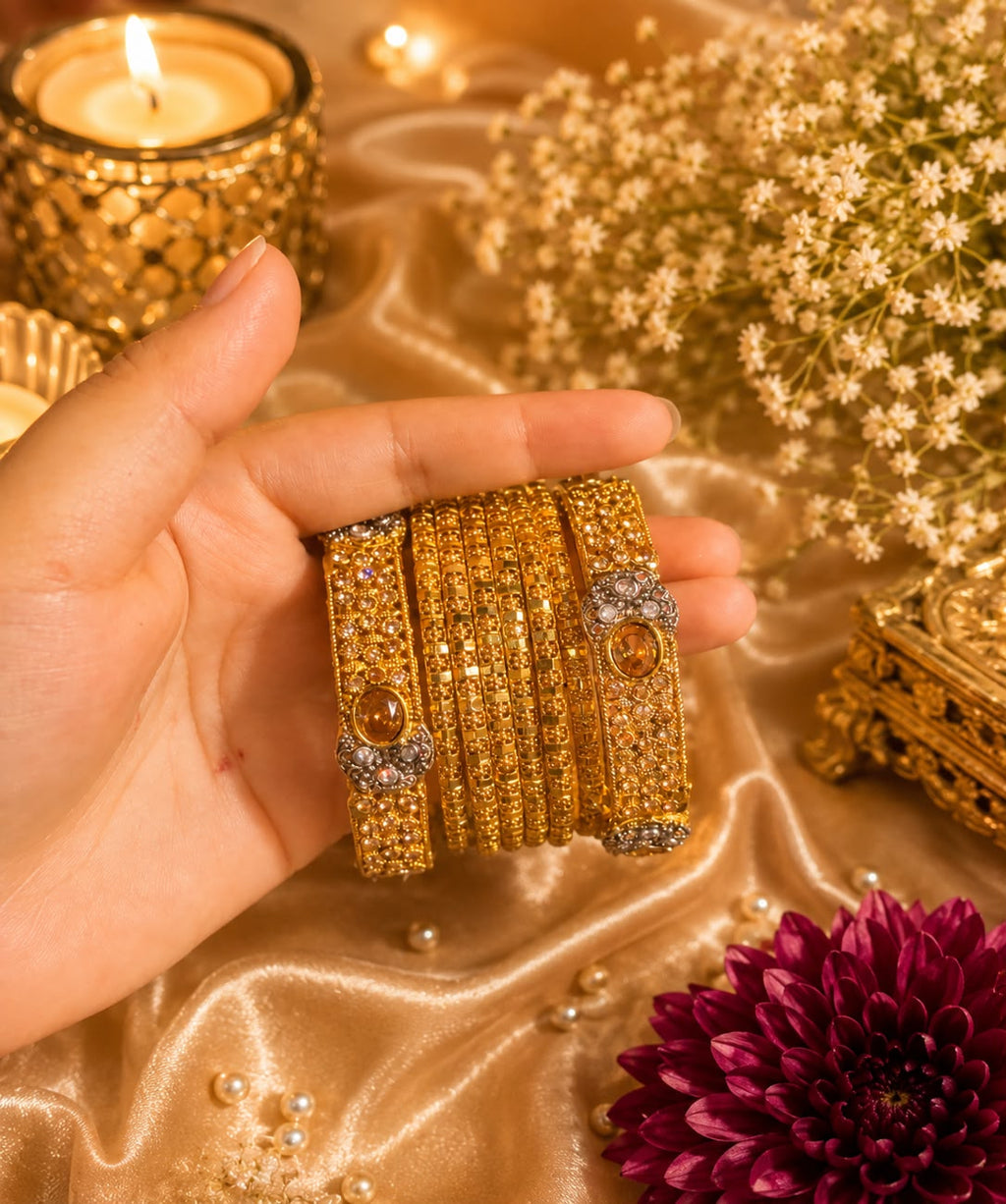 Designer Gold Bangles Set with Red CZ Stones – Traditional Party Wear Bangles