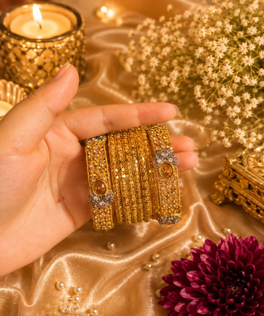 Designer Gold Bangles Set with Red CZ Stones – Traditional Party Wear Bangles