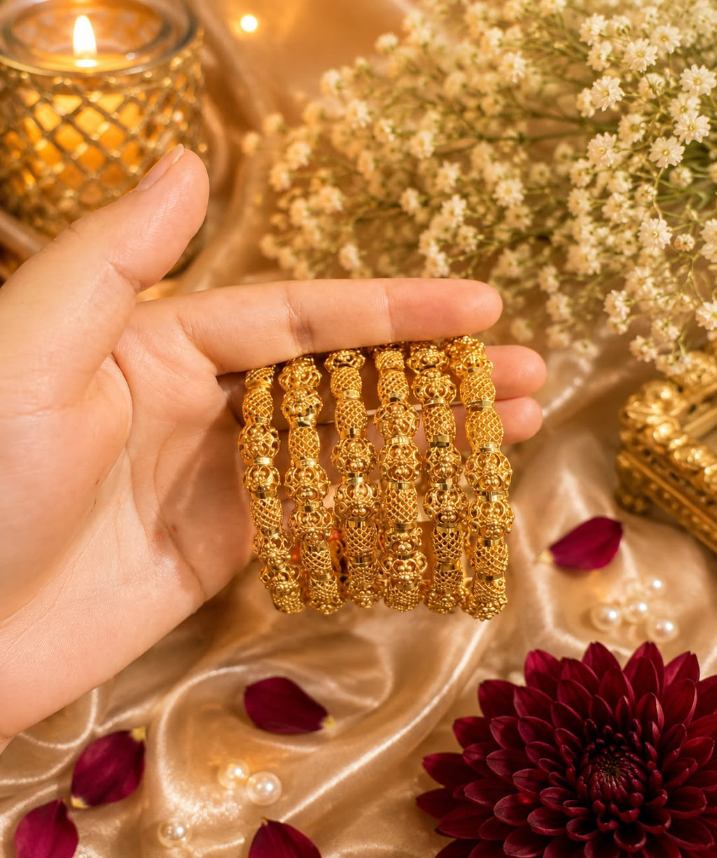 Designer Gold Bangles Set with Red CZ Stones – Traditional Party Wear Bangles
