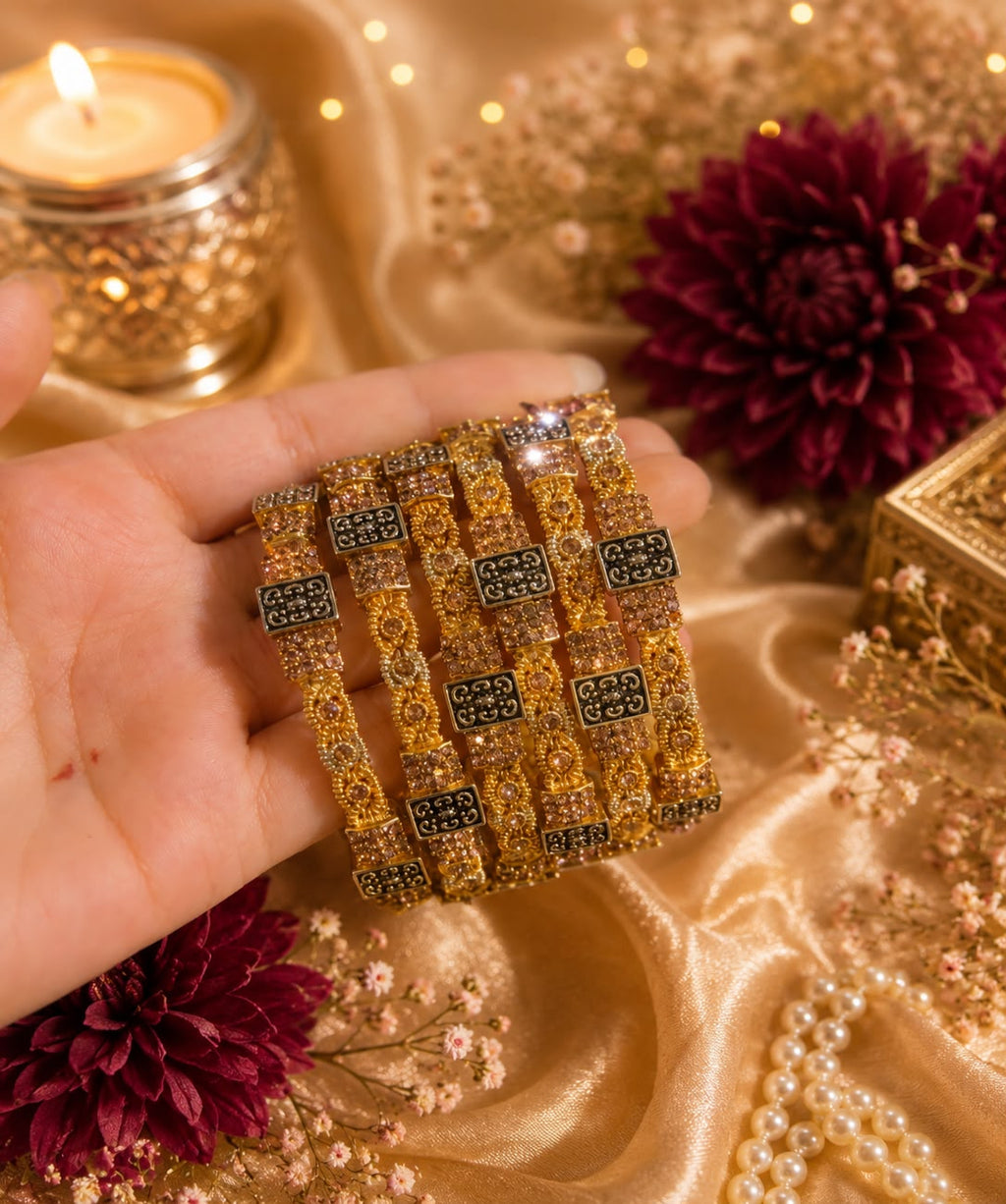 Designer Gold Bangles Set with Red CZ Stones – Traditional Party Wear Bangles