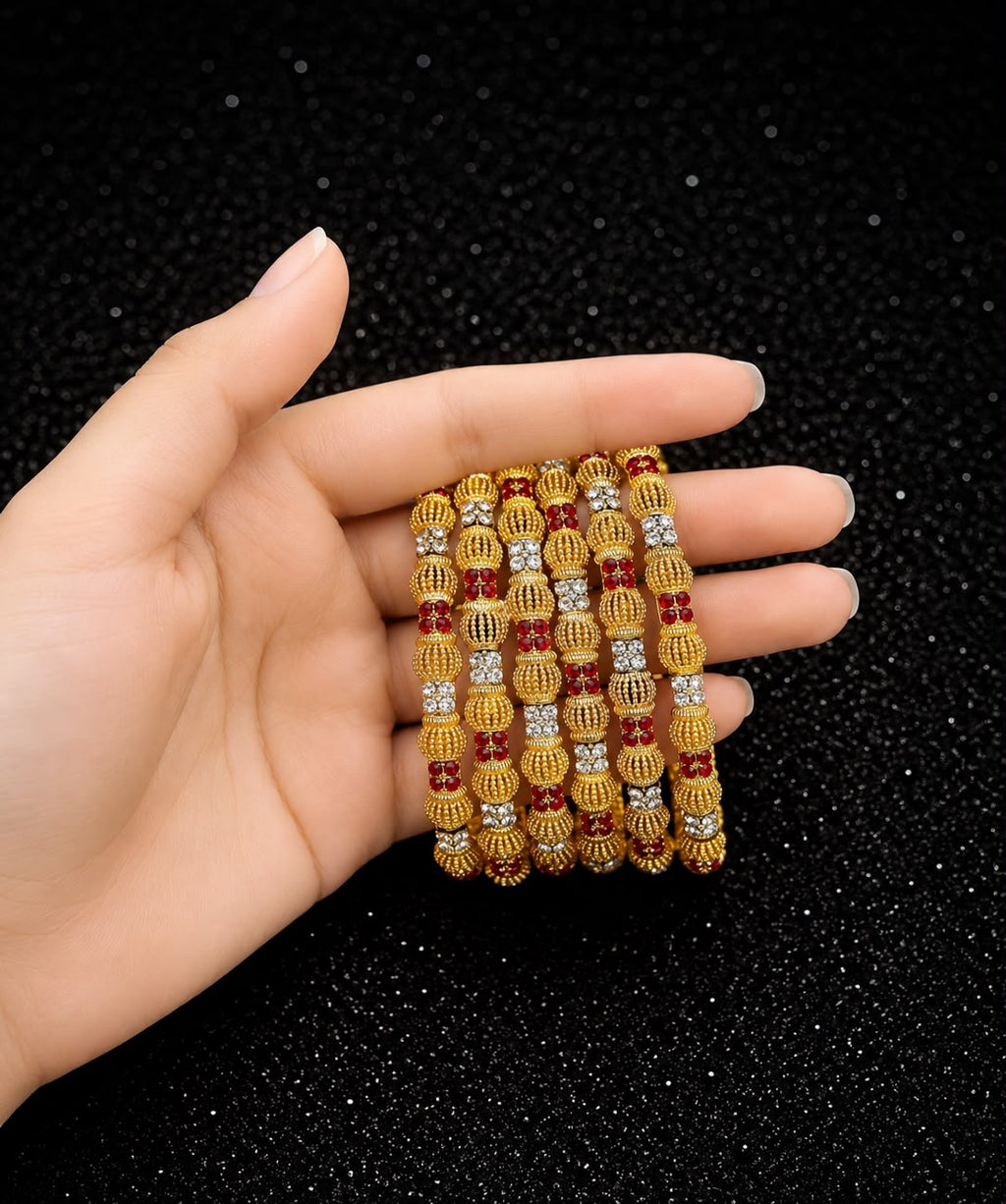 Designer Gold Bangles Set with Red CZ Stones – Traditional Party Wear Bangles