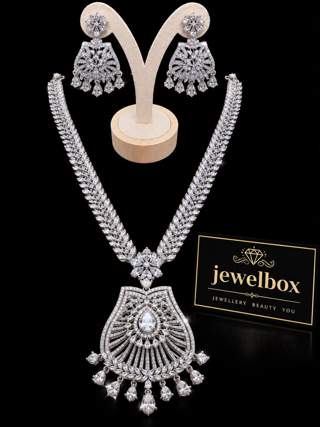 Silver Crystal Statement Necklace & Earrings Set