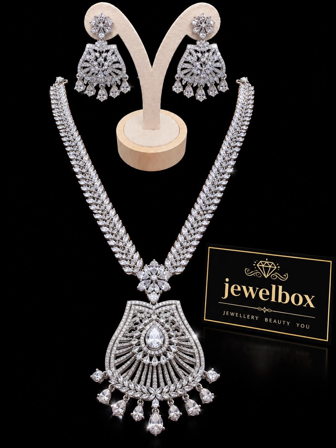 Silver Crystal Statement Necklace & Earrings Set