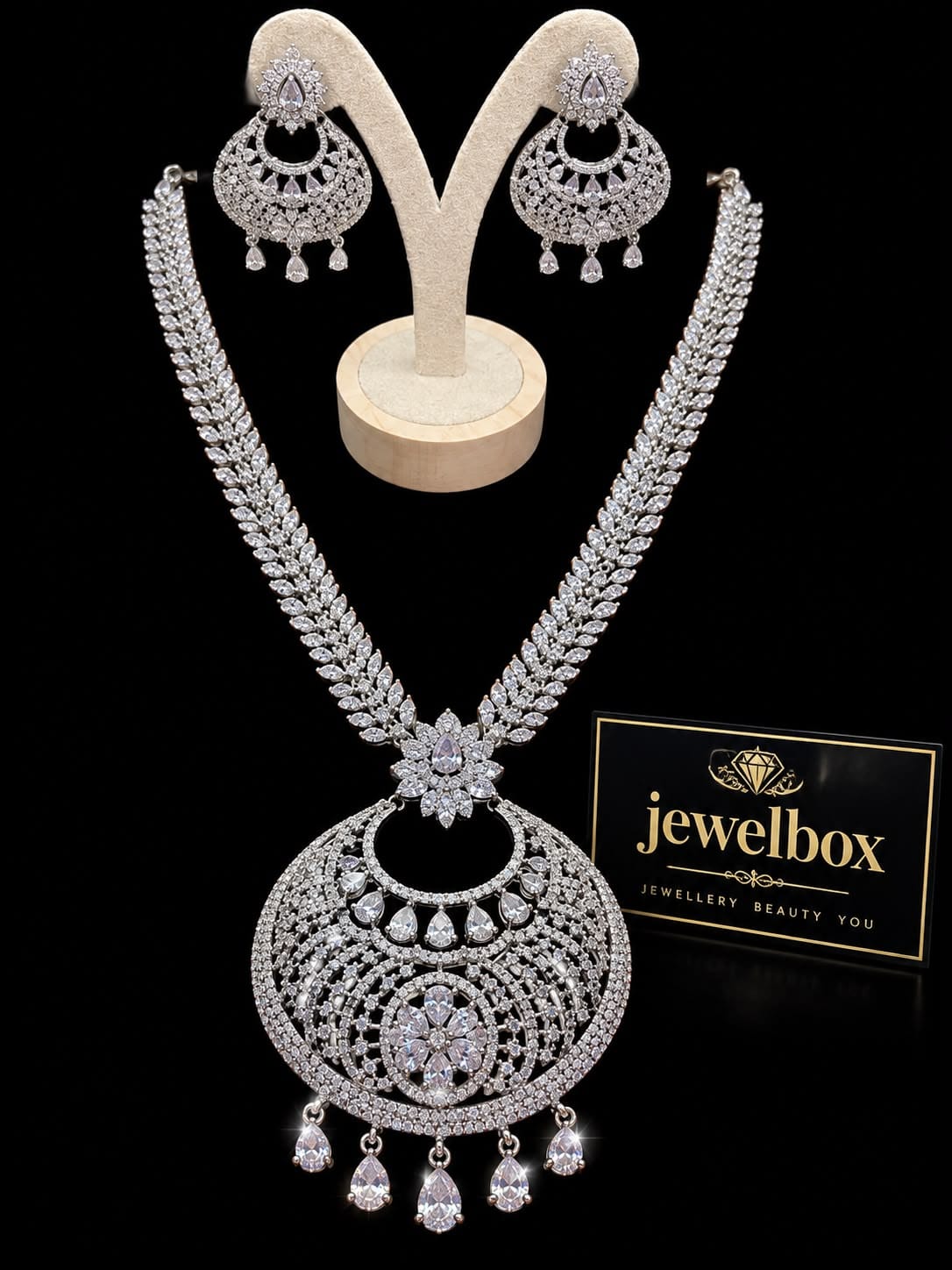 Silver Crystal Statement Necklace & Earrings Set